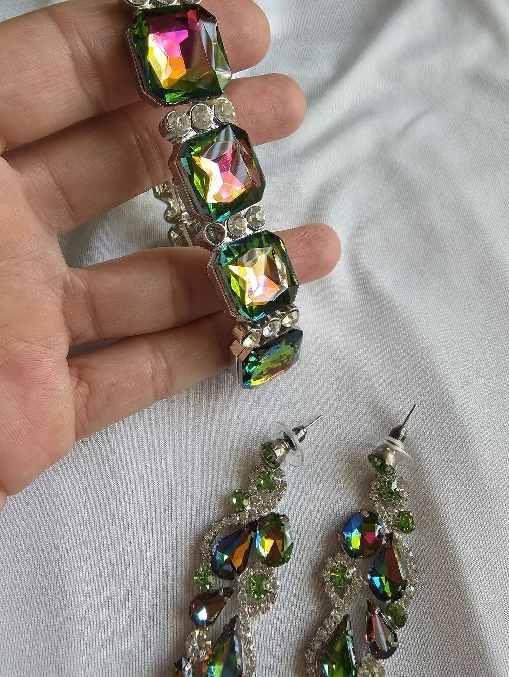 Multicolor Iridescent Crystal Stretch Bracelet & Drop Earrings Set